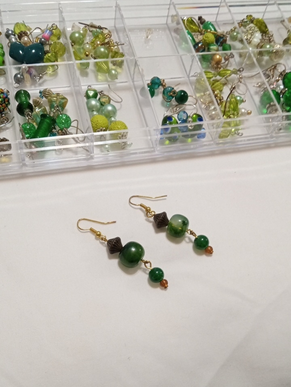 Handmade Green Bead Dangle Earrings - Unbranded
